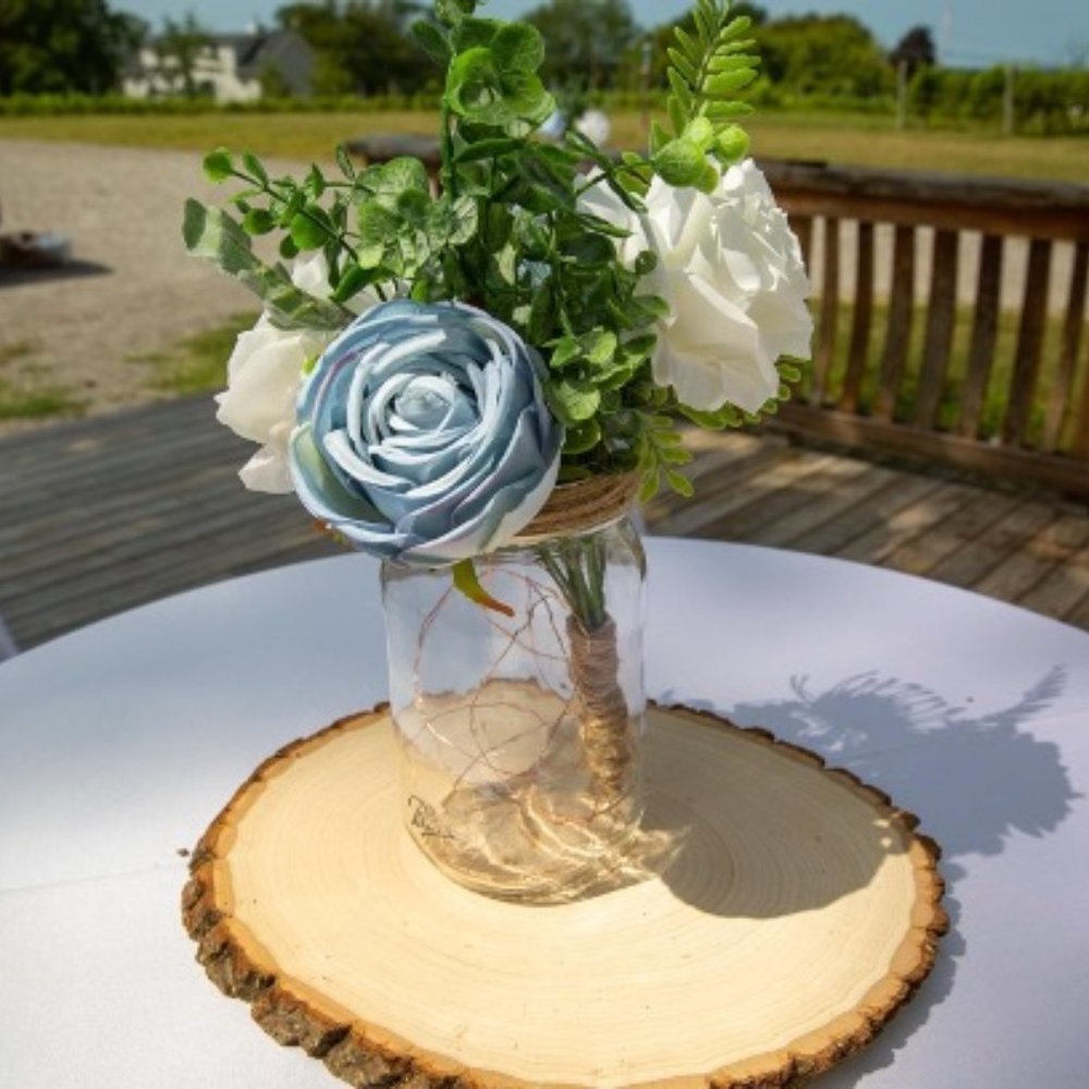 Flowers Only from Dusty Blue, Navy, and White Rustic Centerpieces